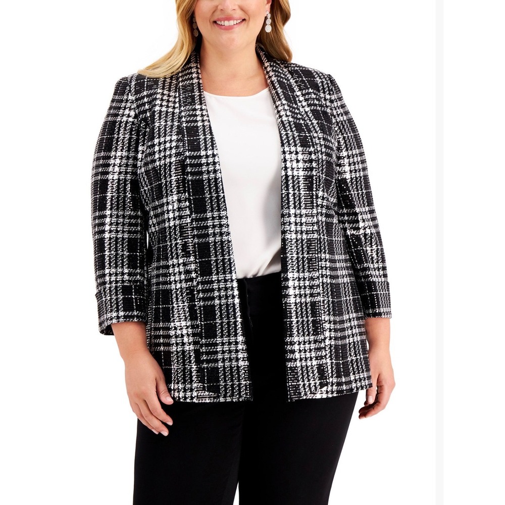 Kasper Woman Black Silver Plaid Sequin Bling Blazer‎ Jacket 22W 2XL 3/4 Sleeves